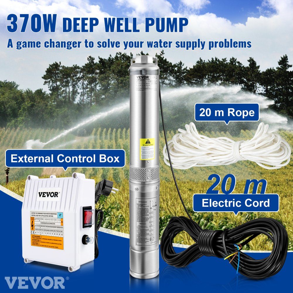 Pompe de puits profond de 101,6 mm Pompe de puits de 370 W Pompe submersible de 110 L/min Hauteur maximale de 44 m Pompe à tuyau Pompe à sable 230 V 50 Hz Pompe à eau en acier inoxydable Pompe 0-40 °C