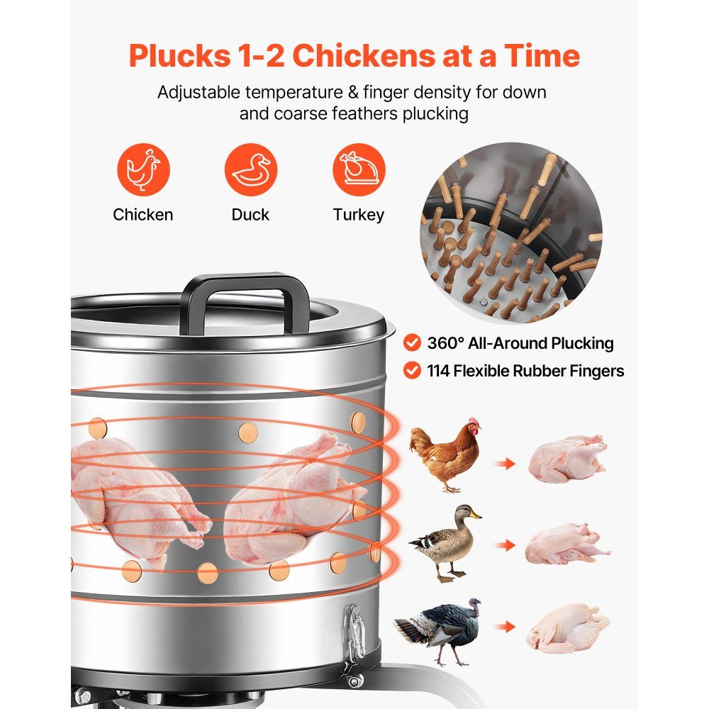 Poultry Plucking Machine, 400mm Drum, 500W, 230RPM, Electric Plucking Machine with 114 Soft Fingers and Transport Wheels, Stainless Steel Feather Remover for Processing 1-2 Chickens