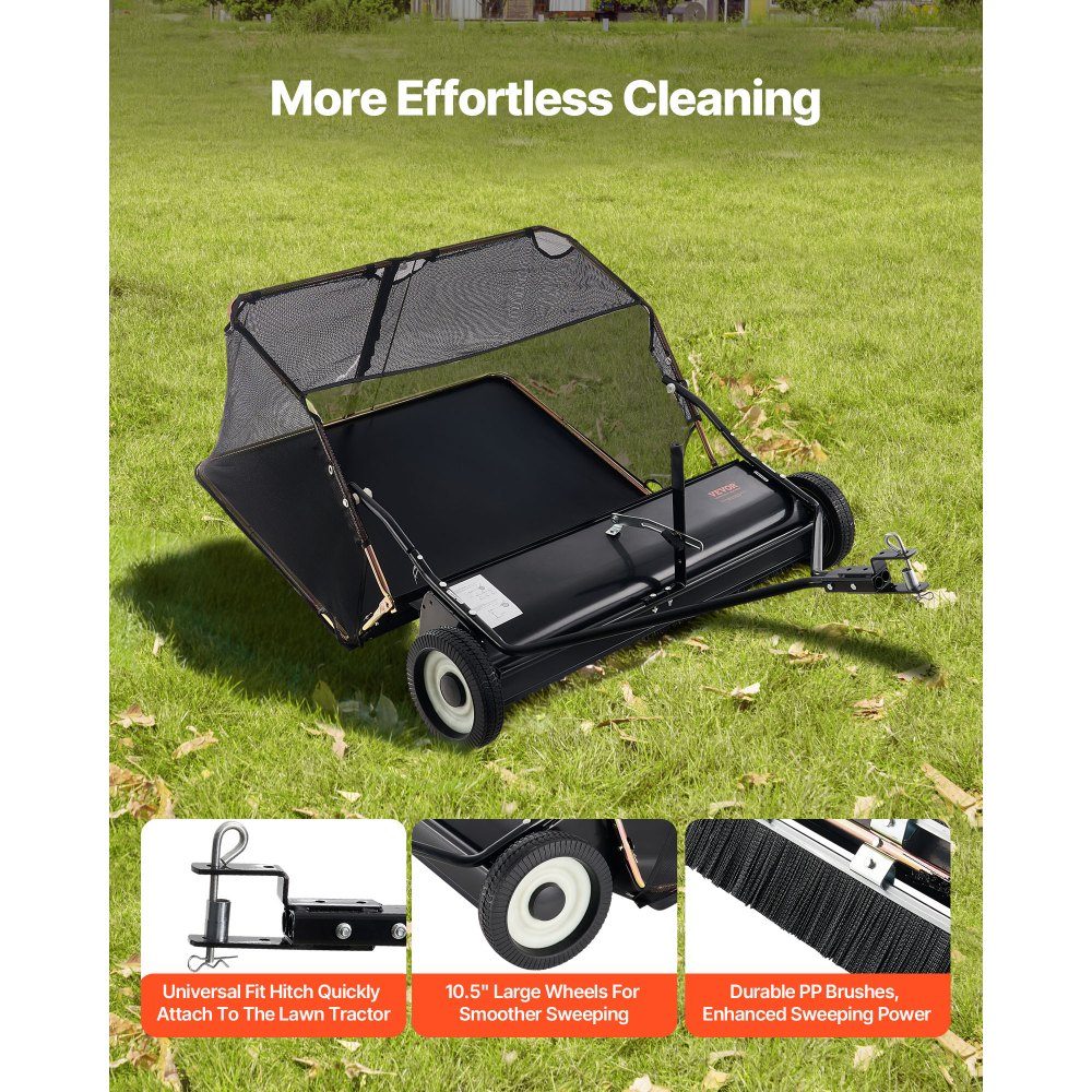 Rasenkehrmaschine, 132 cm Kehrbreite, Laubkehrmaschine mit verstellbarer Kehrhöhe, Rasenkehrmaschine mit 736 L, Laubkehrmaschine, Anhängekehrmaschine für Rasentraktor, Garten, Hof, Rasenpflege