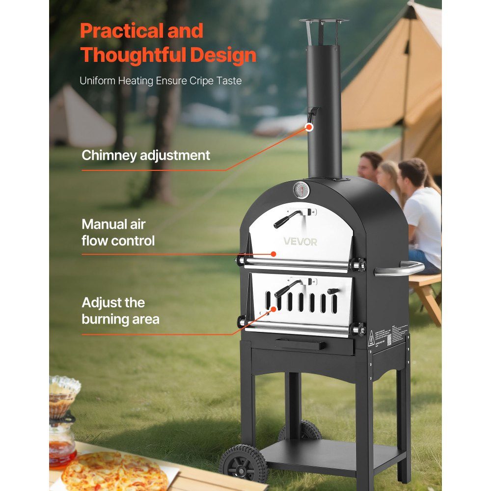 Pizza Oven 12 Inch Pellet Ovens, 2 Layer Wood Fired Pizza Oven, Outdoor Wood Oven with 2 Removable Wheels, Pizza Maker with Maximum Temperature of 540°C for Grilling