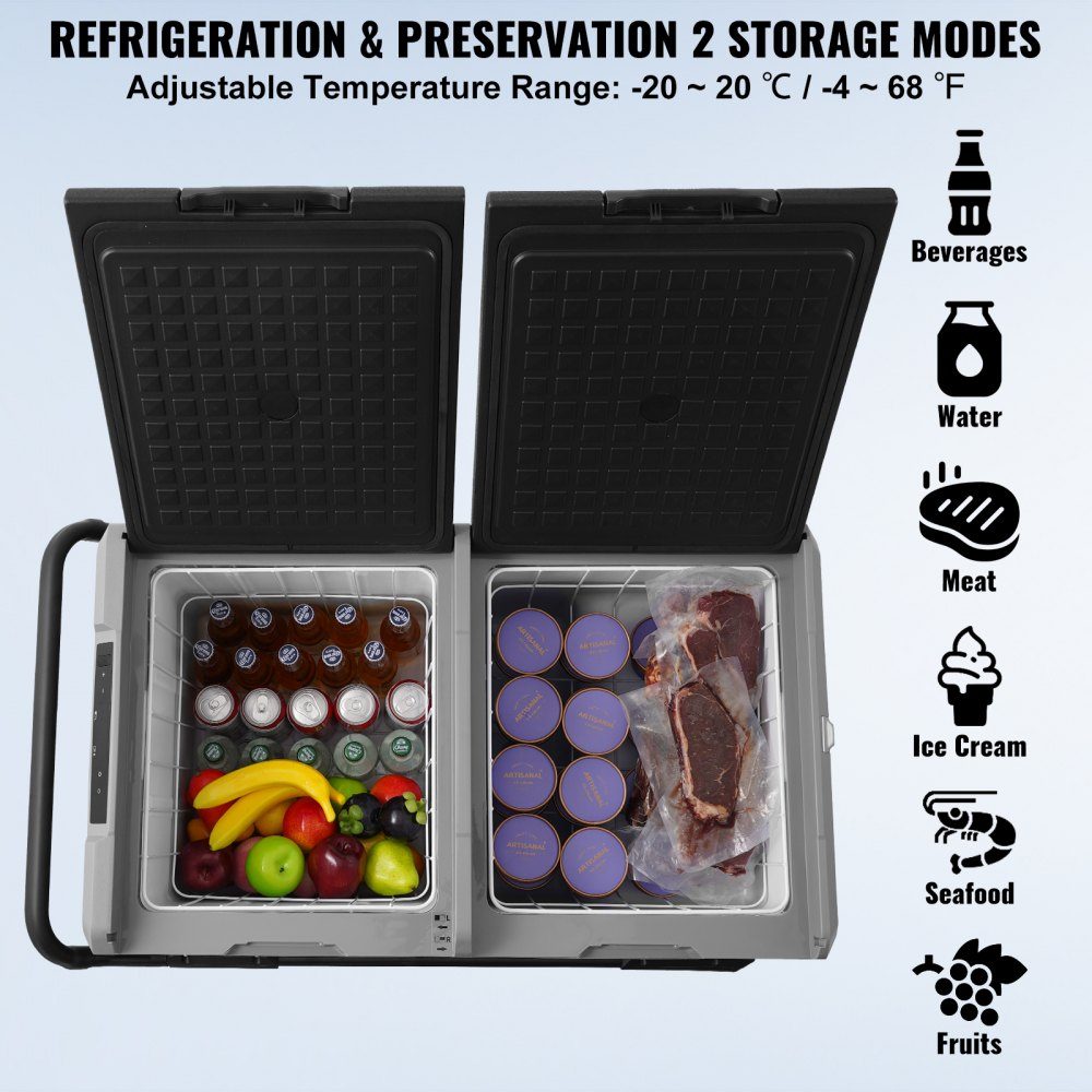 12V Car Fridge, 115L Portable 2 Zone Freezer with Wheels and Handle, -20°C to 20°C, 12/24V DC / 100-240V AC Compressor Cooler for Outdoor Camping Travel
