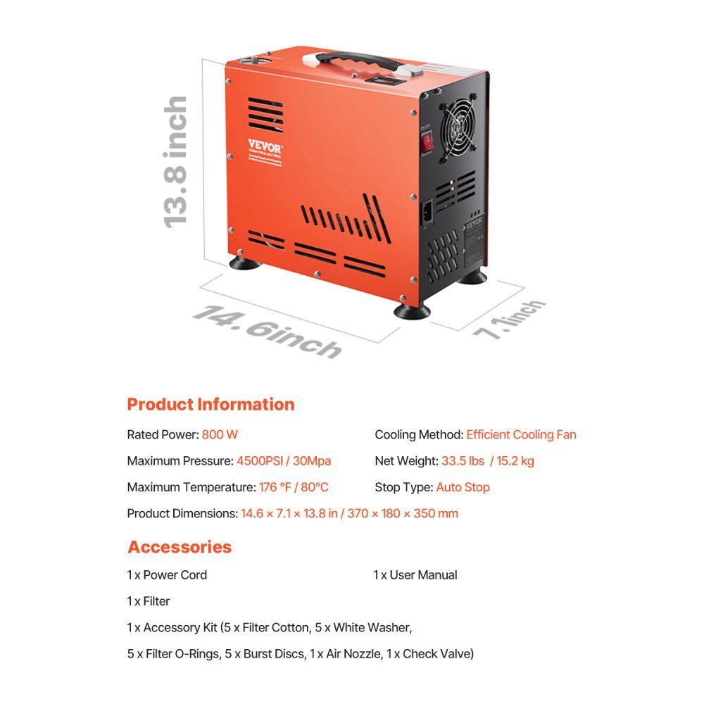 PCP Air Compressor, 800W Double Cylinder PCP Air Rifle Compressor 310bar/30MPa with Built-in Fan Cooling System, Auto Stop | Oil-free paintball tank compressor for air rifle, diving tank