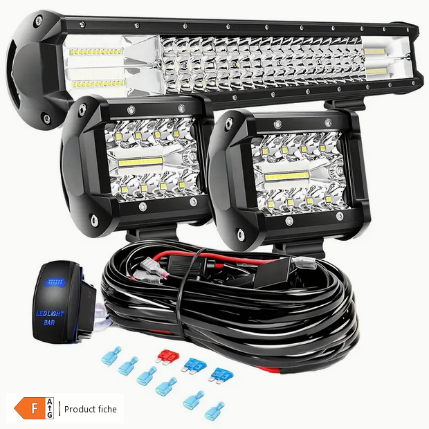 Set van 3 LED-lampen + kabelset - 20" lichtbalk, 4" werklamp, schijnwerper/spotcombinatie, ideaal voor off-road, vrachtwagen, boot en meer