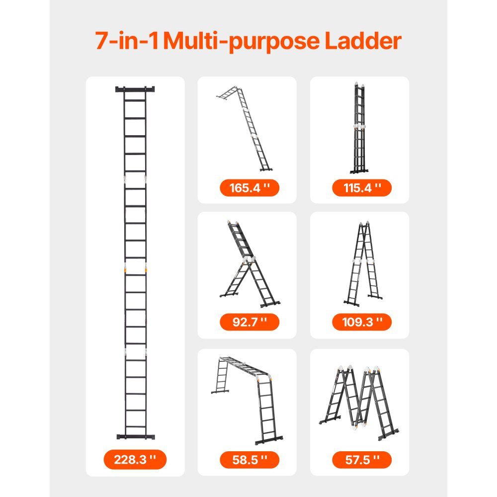 Mehrzweckleiter, 7-in-1-Multifunktionsleiter, A-Rahmen, 5-stufige Teleskopleiter, Leitergestell 5800 mm, verstellbare Hochleistungsleiter, 150 kg Tragfähigkeit für den Heimgebrauch im Freien