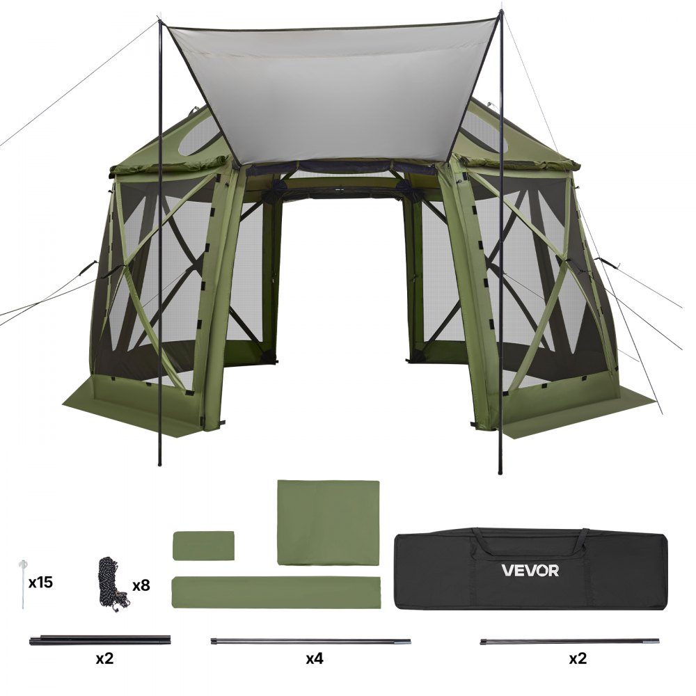 Pop Up Gazebo 12" x 12" 13 Sided Ball Camping Tent with Removable Roof and Carry Bag 360° Ventilation Sun Shade Party Tent for 10-12 People Green