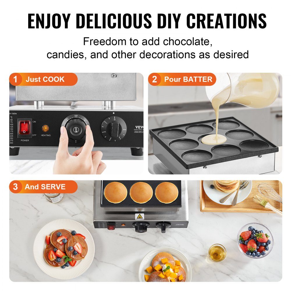 Mini Pancake Machine, Commercial Dutch Mini Pancake Machine, 9 Pieces, 76mm Diameter, Dorayaki Baking Machine, 850W, Temperature and Time Control, in Kitchens, Cafes and Restaurants