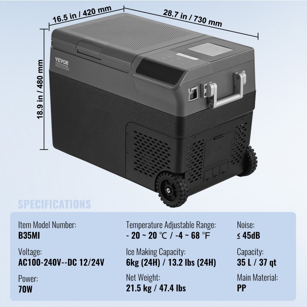 Portable Car Fridge with Ice Making Function, 12V Car Fridge, 35L Portable Single Zone Freezer, -20°C to 20°C Adjustable Temperature, with Wheels for Camping, Car, RV Portable Car Fridge with Ice Making Function, 12V Car Fridge, 35L Portable Single Zone Freezer, -20°C to 20°C Adjustable Temperature, with Wheels for Camping, Car, RV
