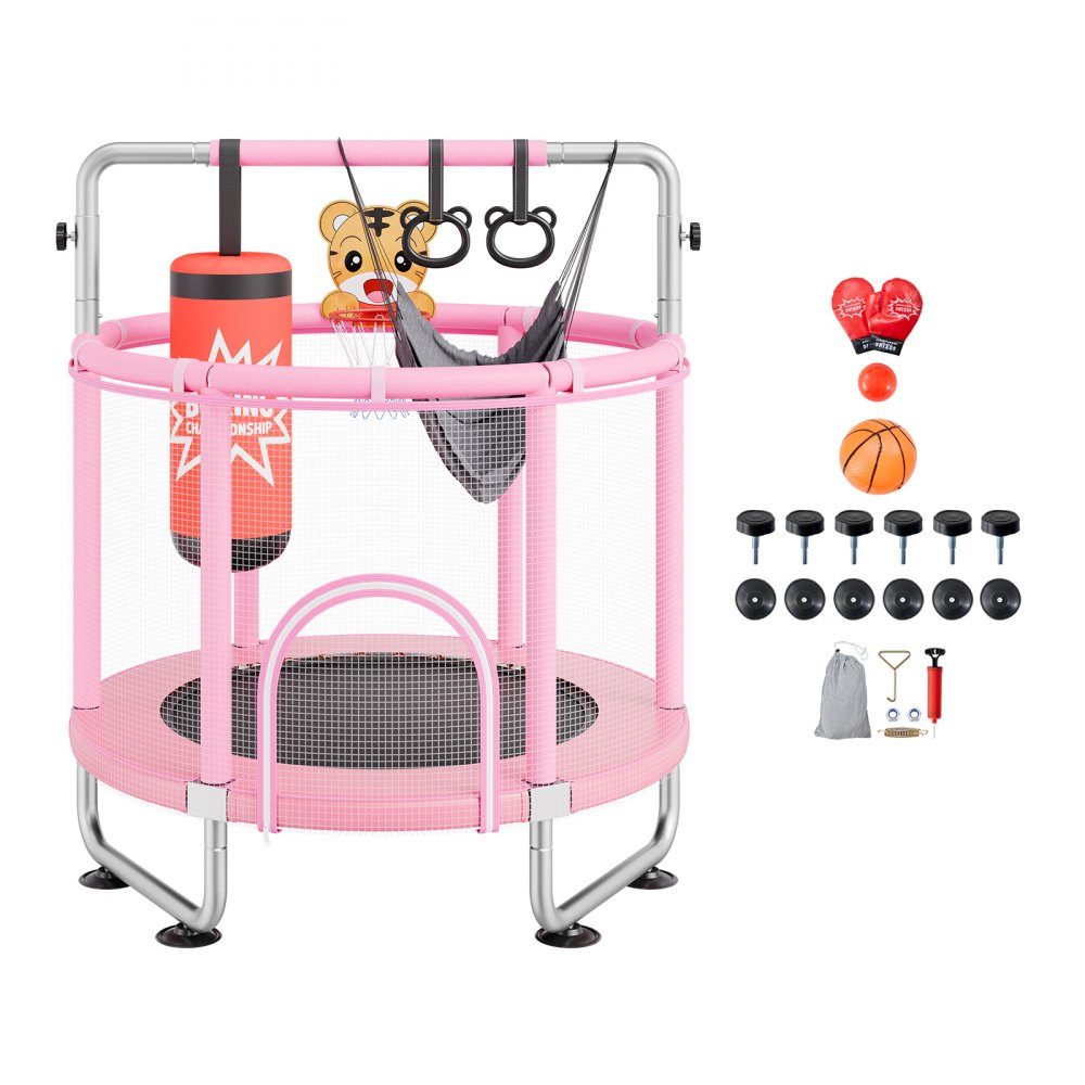 Kindertrampolin, Mini-Freizeittrampolin 147 cm, für Kleinkinder, verstellbar, mit Sicherheitsnetz & Basketballkorb, Geburtstagsgeschenk, Weihnachtsspielzeug für Kinder ab 3 Jahren, Rosa