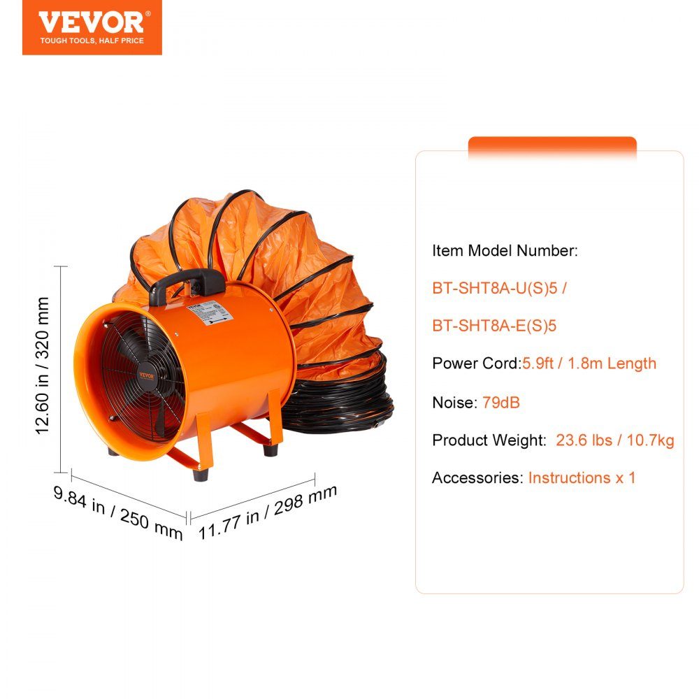 Bauventilator, 145 W Wechselstrommotor, Bauventilator, 2900 U/min, Bauventilator, Gebläse 504 l/s (1070 CFM), Axialventilator mit 5 m Schlauch, Axialventilator, 79 dB Geräuschpegel, Industrieventilator