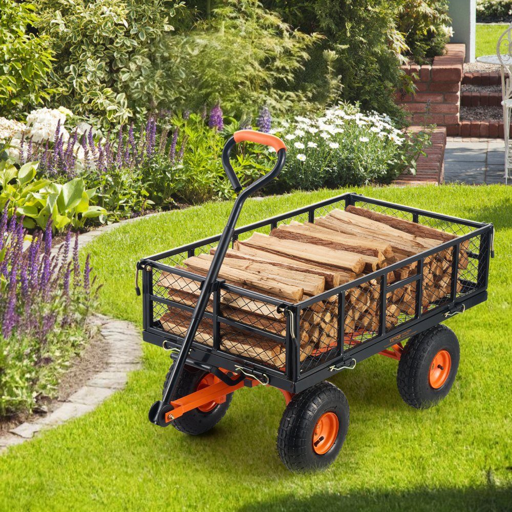 Chariot de jardin, chariot de jardin en métal avec cadre facile à assembler, chariot à main inclinable avec poignée convertible 2 en 1, brouette polyvalente avec capacité de charge de 400 kg, pneus de 10"