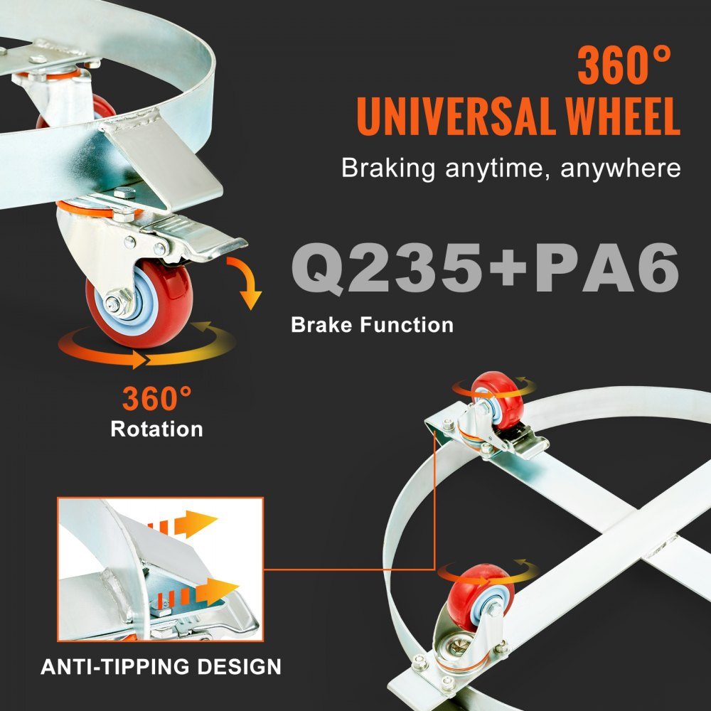 Fassroller 250L Transportroller aus Kohlenstoffstahl Metallrollbrett Innendurchmesser Ø 607mm Fasswagen mit 4 Universalrädern Rollwagen Transportwagen zum Transport von Fässern bis 454kg