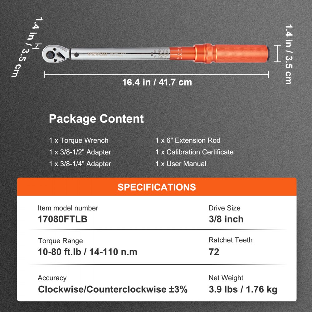 Drehmomentschlüssel 3/8", 14-110 Nm Drehmomentschlüssel Fahrrad & Motorrad-Set, ± 3 % Fehlergenauigkeit mit 2 Verlängerungsstangen 152,4 mm, 3/8-1/2" & 3/8-1/4" Adapter, 72 Zähne verstellbar Drehmomentschlüssel 3/8", 14-110 Nm Drehmomentschlüssel Fahrrad & Motorrad-Set, ± 3 % Fehlergenauigkeit mit 2 Verlängerungsstangen 152,4 mm, 3/8-1/2" & 3/8-1/4" Adapter, 72 Zähne verstellbar