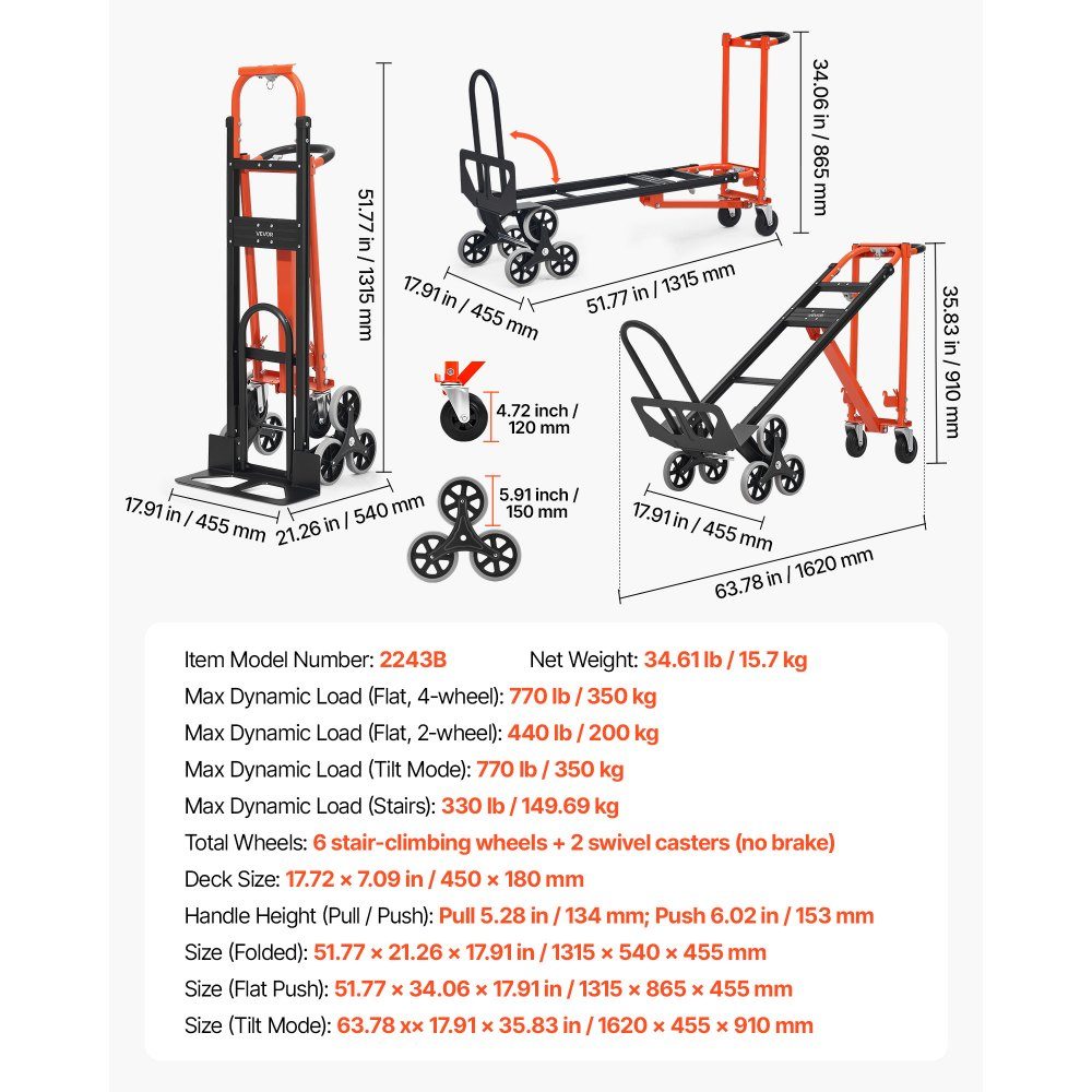 3-in-1 stair truck, sack truck max. load capacity 350 kg, folding transport trolley with handle & wheels, stair climber transport trolley, stacking trolley, stair climber trolley, orange & silver