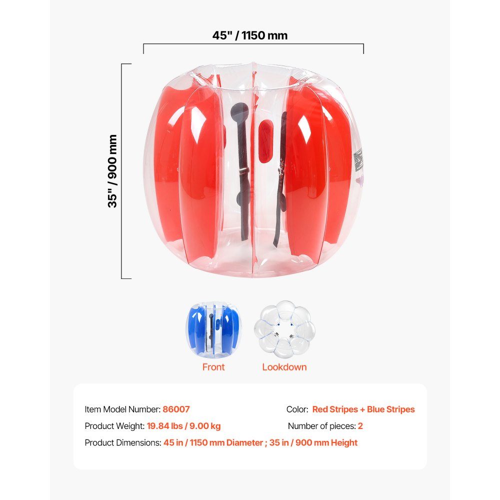 Inflatable Bumper Ball (2 Pack) 1.2m Heavy Duty 0.5mm Thick PVC Bubble Knocker Collision Ball for Outdoor Sports Team Games Park Toy (Red + Blue Stripes)