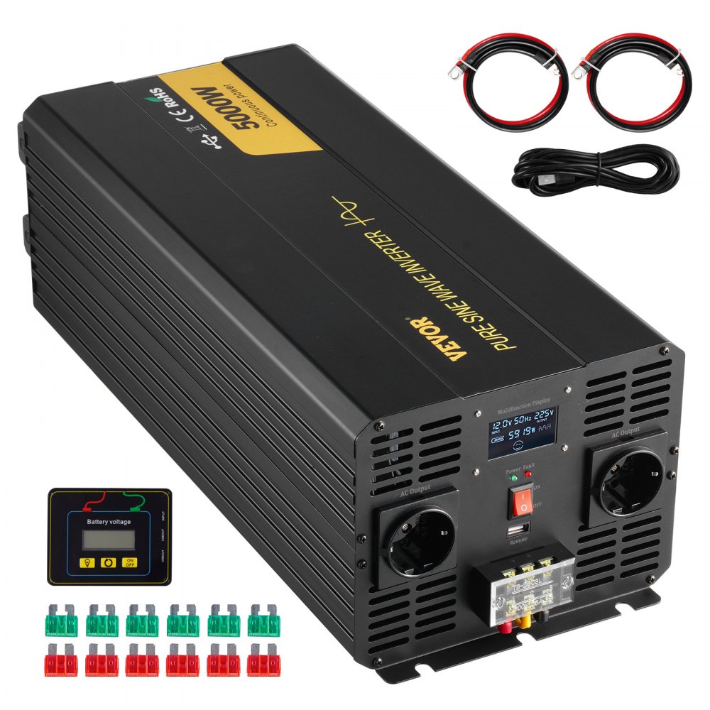 Onduleur à onde sinusoïdale pure 5000 W Convertisseur de tension DC 12 V vers AC 230 V Onduleur de voiture avec écran LCD Port USB et convertisseur de tension télécommandé pour voiture RV camion système solaire voyage camping Onduleur à onde sinusoïdale pure 5000 W Convertisseur de tension DC 12 V vers AC 230 V Onduleur de voiture avec écran LCD Port USB et convertisseur de tension télécommandé pour voiture RV camion système solaire voyage camping