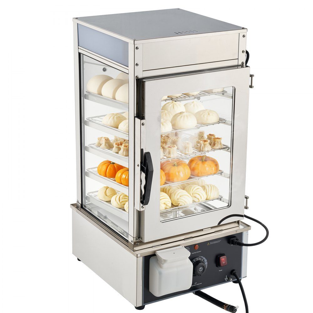 5-stopniowy komercyjny podgrzewacz do żywności 120 l od 30 do 110 ℃, garnek do gotowania na parze o mocy 1200 W, oświetlenie LED i regulowane półki oraz rama ze stali nierdzewnej, witryna grzewcza na chleb hamburgerowy Mantou – Nr kat. HT-24156