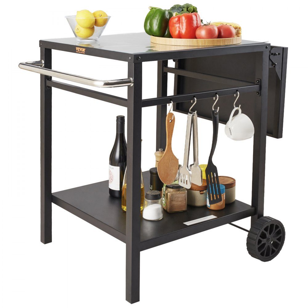 Servierwagen, Küchenwagen, 97,2 x 64 x 75,5 cm, Outdoor-Grill-Esswagen mit doppelter Ablage, beweglicher Grilltisch für die Zubereitung von Speisen, multifunktionale Tischplatte aus schwarzem Eisen