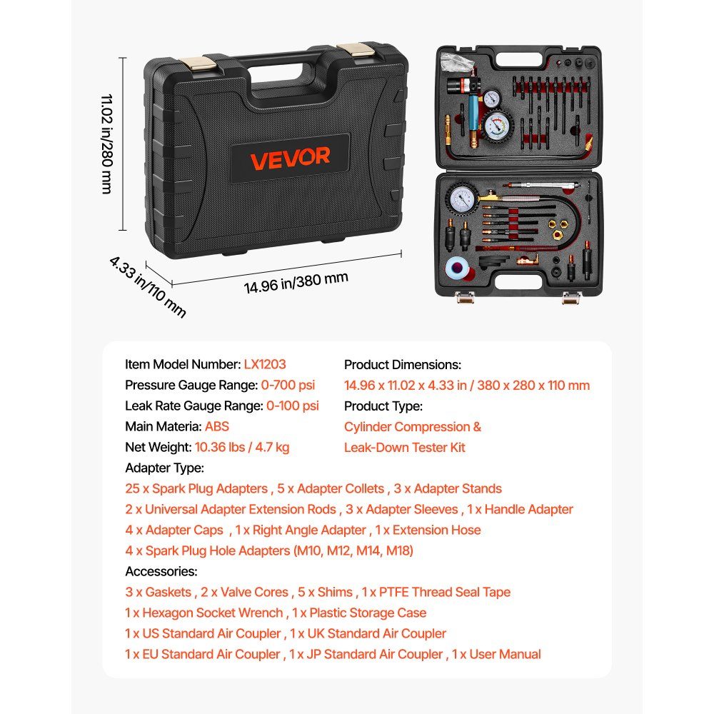 Engine Cylinder Pressure Loss Tester, Pressure Gauge (0-700psi), Leakage Gauge (0-100psi), Cylinder Pressure Tester with 4 Adapters, Automotive Compression Test Kit, Pressure Test and Leak Rate Measurement