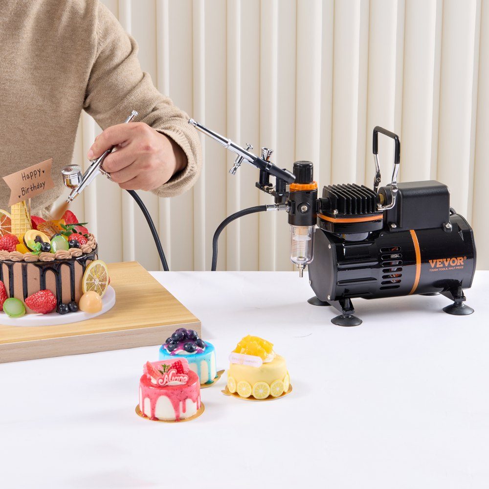 Airbrush-set, luchtcompressor met dubbele ventilator, professionele airbrush-systeemset met 3 airbrushes, houder, verfmengwiel, reinigingsborstelset, airbrush-set voor kunst, nagels, koekjes, make-up, K