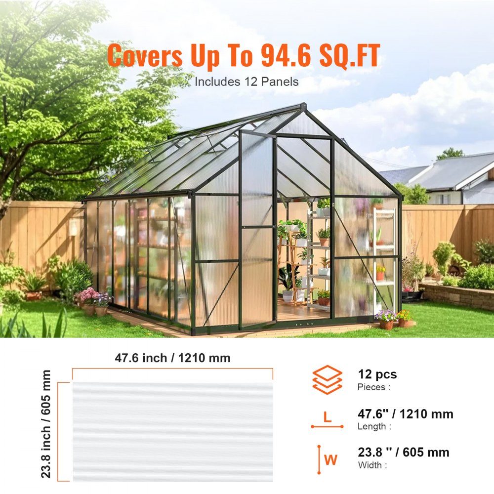 Set van 12 polycarbonaat kaspanelen 1210 x 605 x 6 mm meerwandige panelen waterdichte UV-beschermde golfplaten slagvaste transparante dakpanelen voor kas/tuin