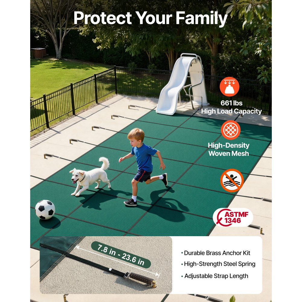 Pool tarpaulin, suitable for rectangular, in-ground pools (4.9 x 9.8 m), safety cover with drainage holes, opaque mesh cover for swimming pools, winter tarpaulin, green