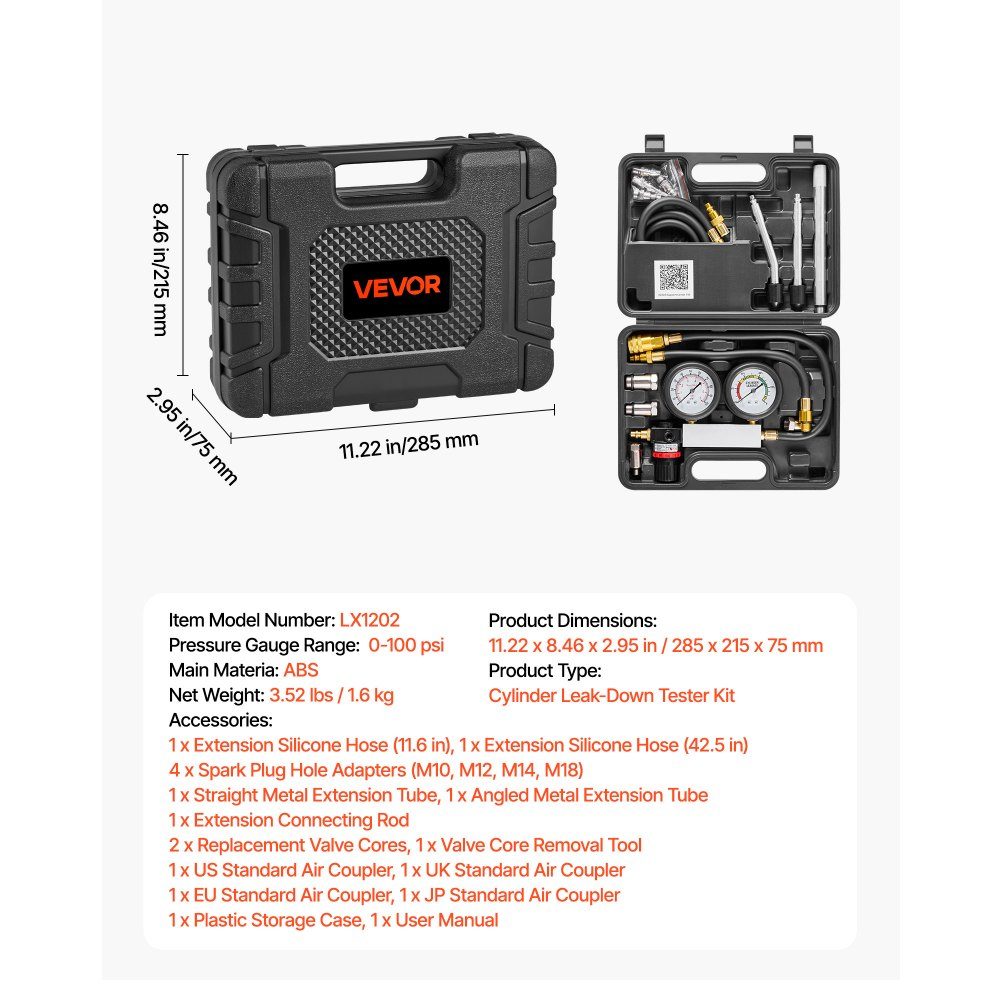 Engine Cylinder Pressure Loss Tester, 0-100psi Pressure Gauge Range, Cylinder Pressure Tester with 4 Adapters and 2 Metal Tubes, Automotive Compression Test Kit, Pressure Test and Leak Rate Measurement