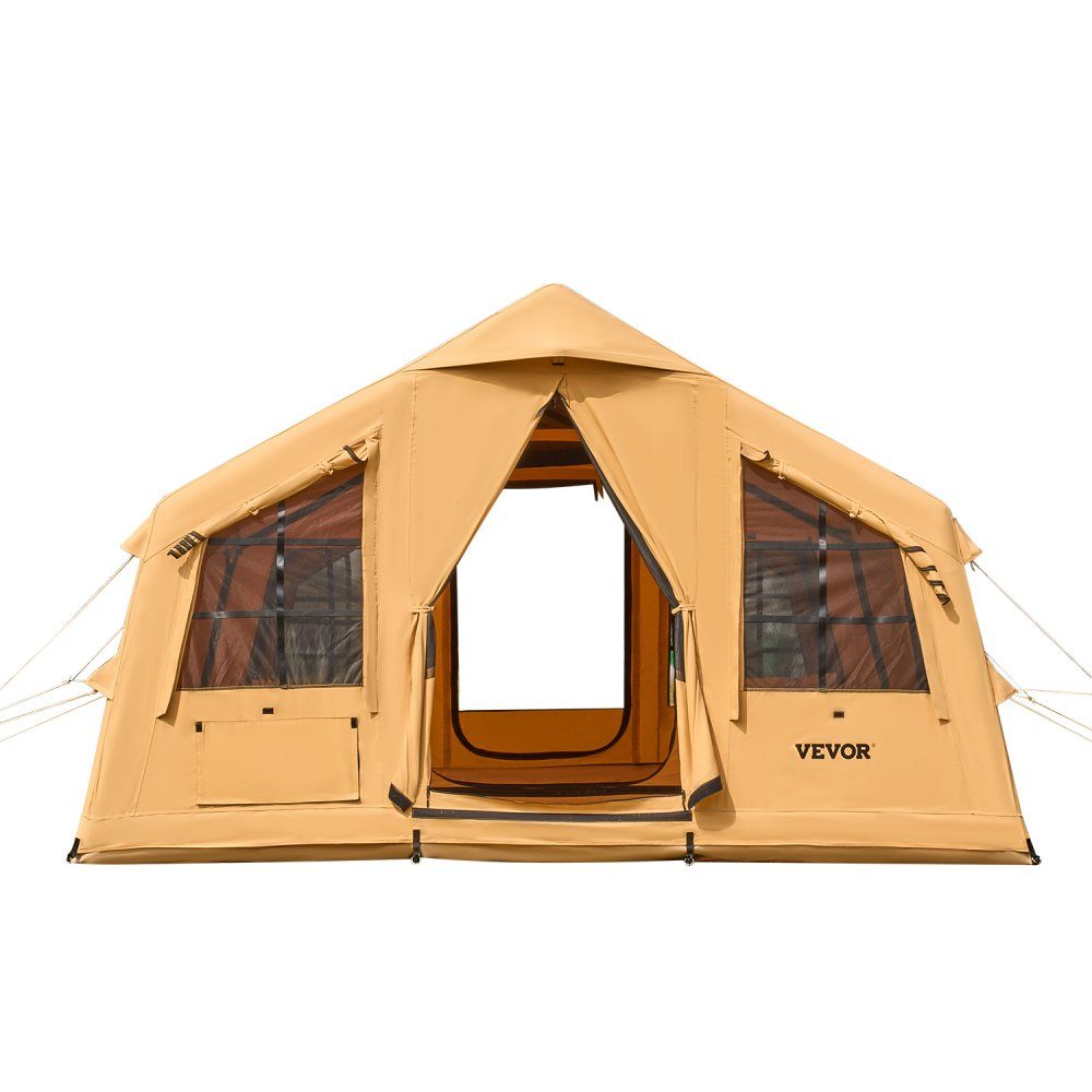 Opblaasbare kampeertent voor 8-12 personen met handpomp, glampingtent van 4,8 x 3,6 x 2,2 m met 2 dakramen, luifel, kachelaansluiting, 2 deuren en gaasramen, opbergtas