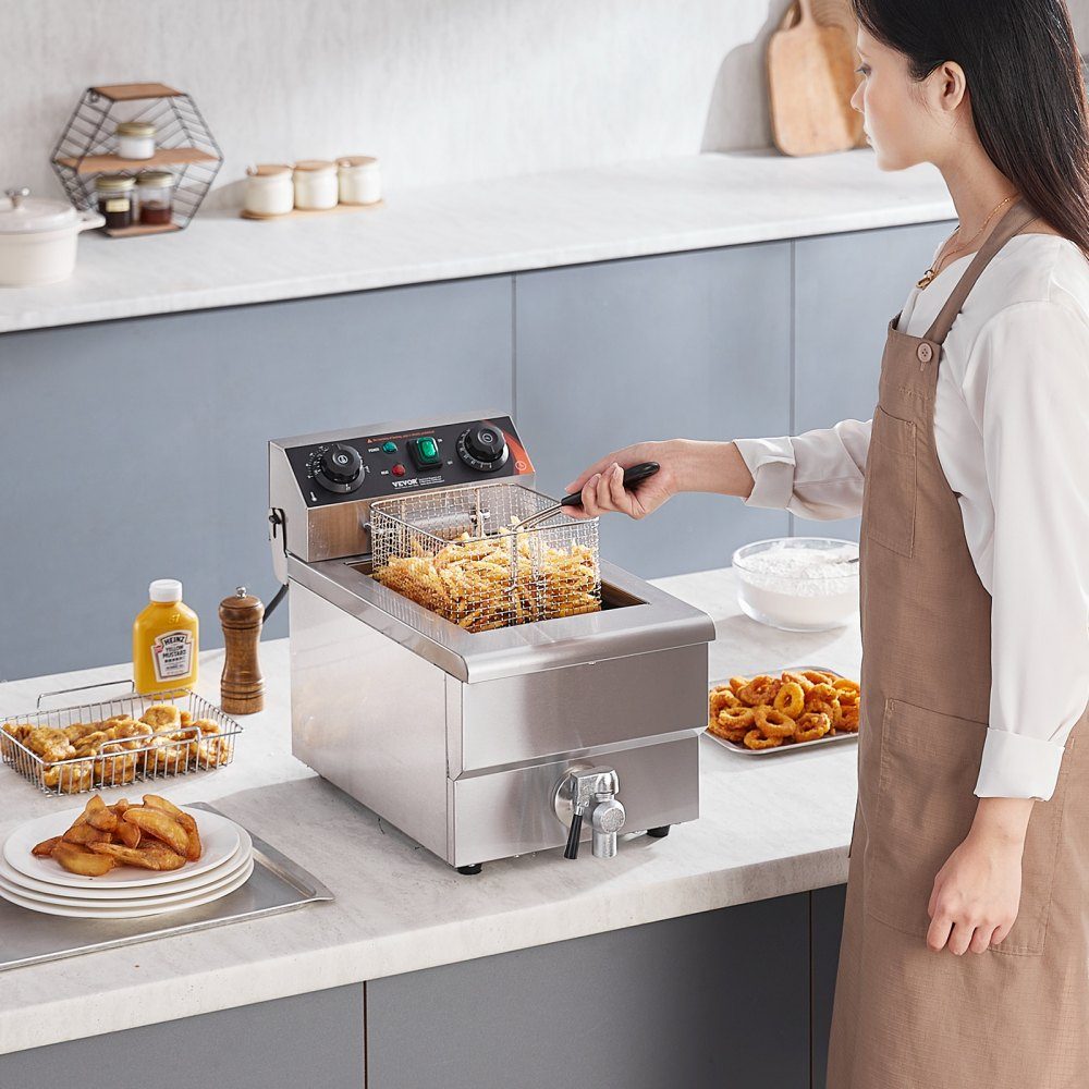Commercial Deep Fryer, 1500W Electric Deep Fryer with Basket, 9L Stainless Steel Deep Fryer with Time and Temperature Control, Overheat Protection, Deep Fryer for Kitchen, Restaurant, Cafe, Bar