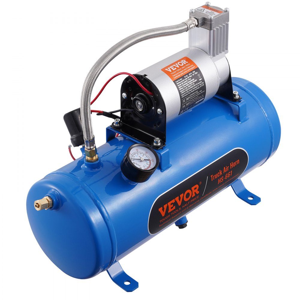 Compresseur d'air 12 V avec réservoir 6 L, kit de compresseur d'air pour klaxon de train, pression de fonctionnement 90-120 psi, système de compresseur d'air intégré pour klaxons d'air de train, gonflage de pneus, camions, SUV, etc. Bleu