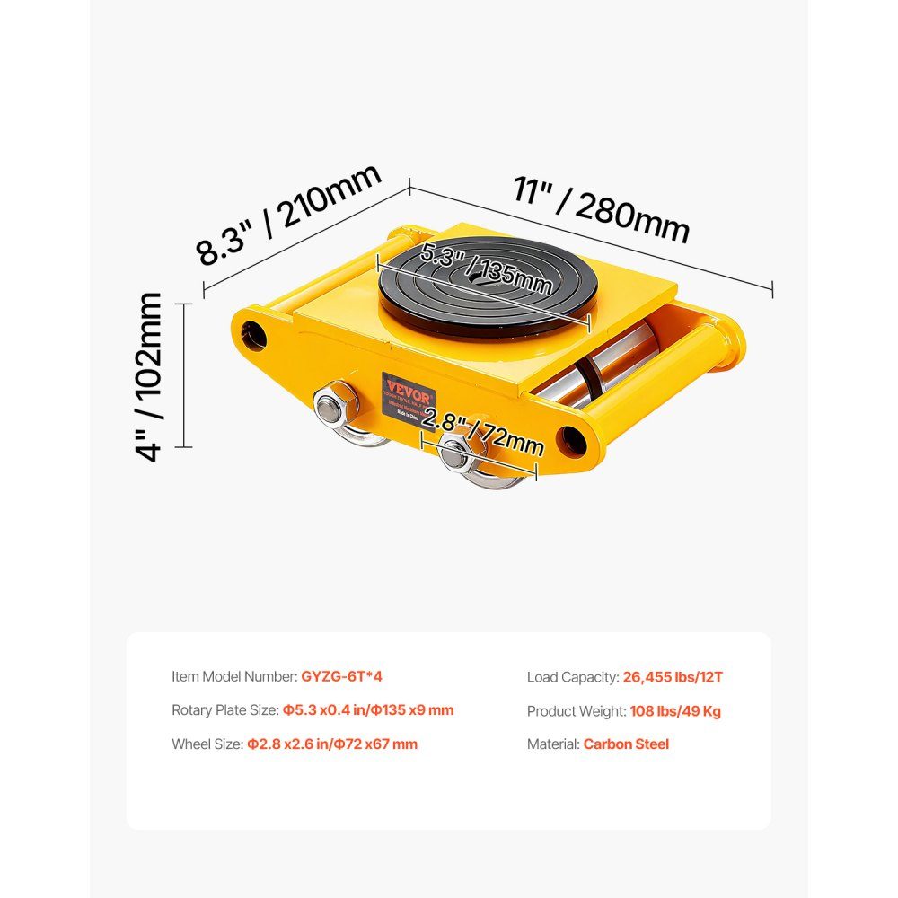 4x armored rollers 12T transport chassis 280x210x105mm transport rollers with 4 directional wheels made of carbon steel industrial roller Ф 135x9mm swivel plate furniture transport aid transport roller