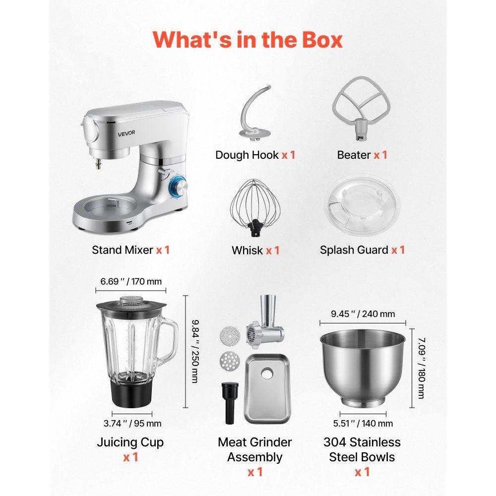 Multifunctional electric food processor 1500 W with stainless steel bowl (6 l) and mixing cup (1.5 l), kneading machine, dough mixer with 6+P speeds, dough hook, whisk and beater