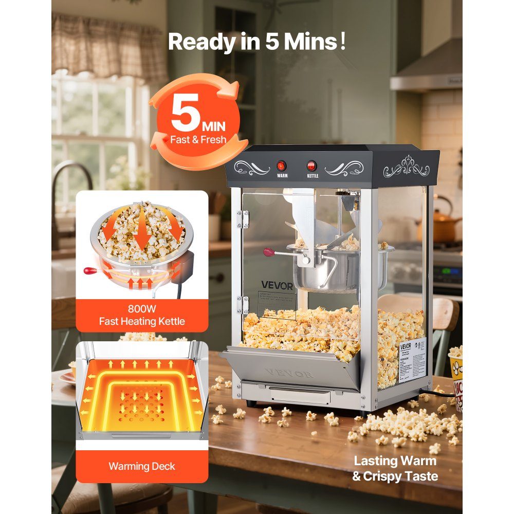 Popcorn Machine with Stainless Steel Boiler, 800W Commercial Popcorn Machine, 48 Cups per Load, Cinema Style, with 2 Button Control, Glass Wall, PC Door, 1 Scoop, 3 Spoons, Black