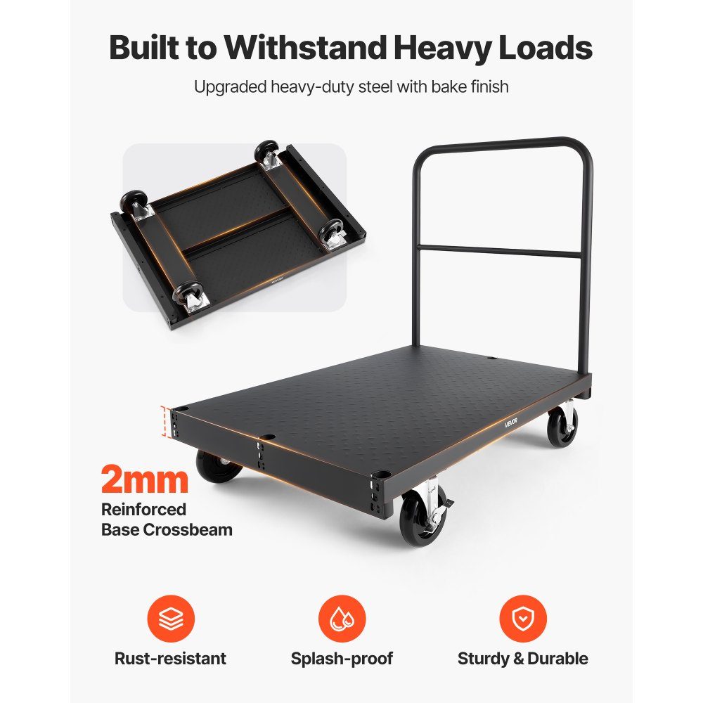 Plate trolley, 816 kg, 2-in-1 transport trolley with 360° swivel castors, plate trolley, plate trolley with 4 side handrails, transport aid for factory, warehouse, garage, black 914x610x858 mm