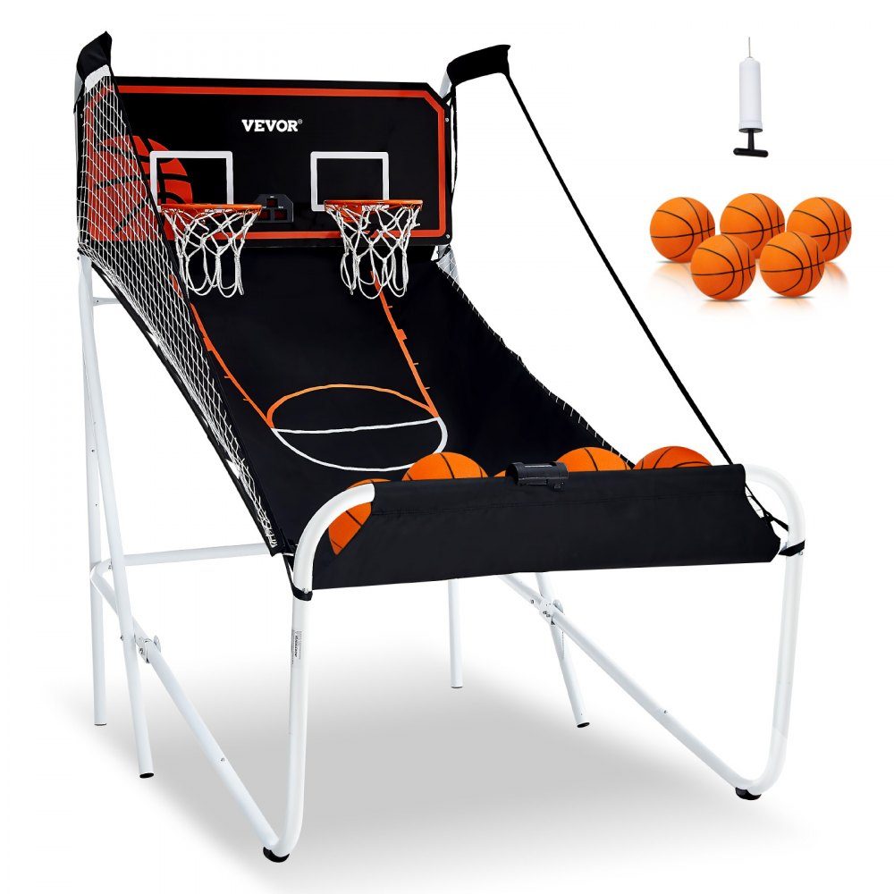 Faltbaes Indoor basketbalspel voor 2 spelers, basketbalmachine, basketbalbalstandaard met 5 ballen en 8 spelmodi en 2 basketbalringen en opblaasbare pomp, voor kinderen, volwassenen (zwart en wit)