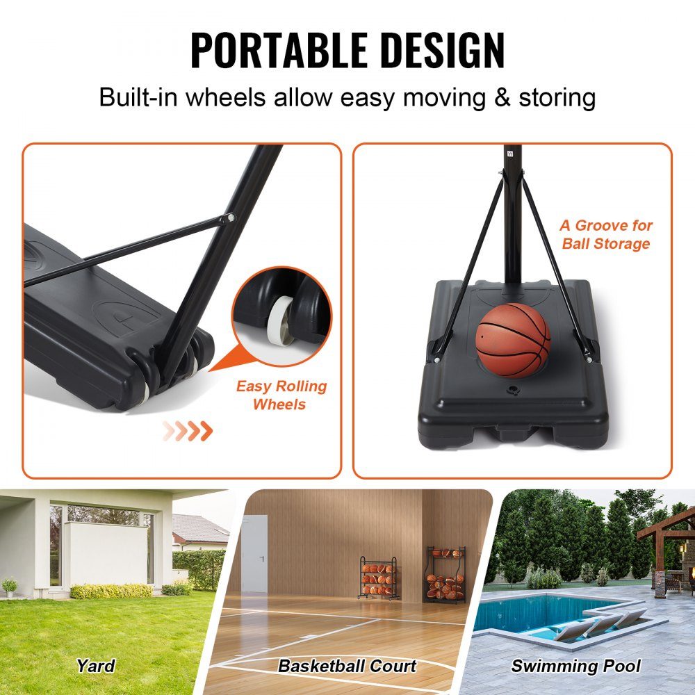 Panier de basket-ball d'extérieur, support de basket-ball réglable en hauteur de 122 à 305 cm, système de basket-ball noir résistant aux intempéries et à la rouille, support de panier de basket avec mobile à eau ou à sable