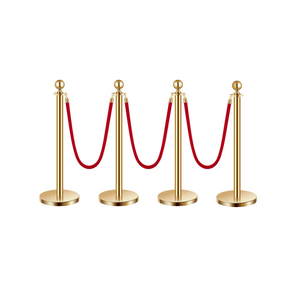 Barrier posts (4 pieces) for crowd control with 3 red velvet ropes (1.5 m long), stainless steel barrier stand with refillable base for exhibitions Golden
