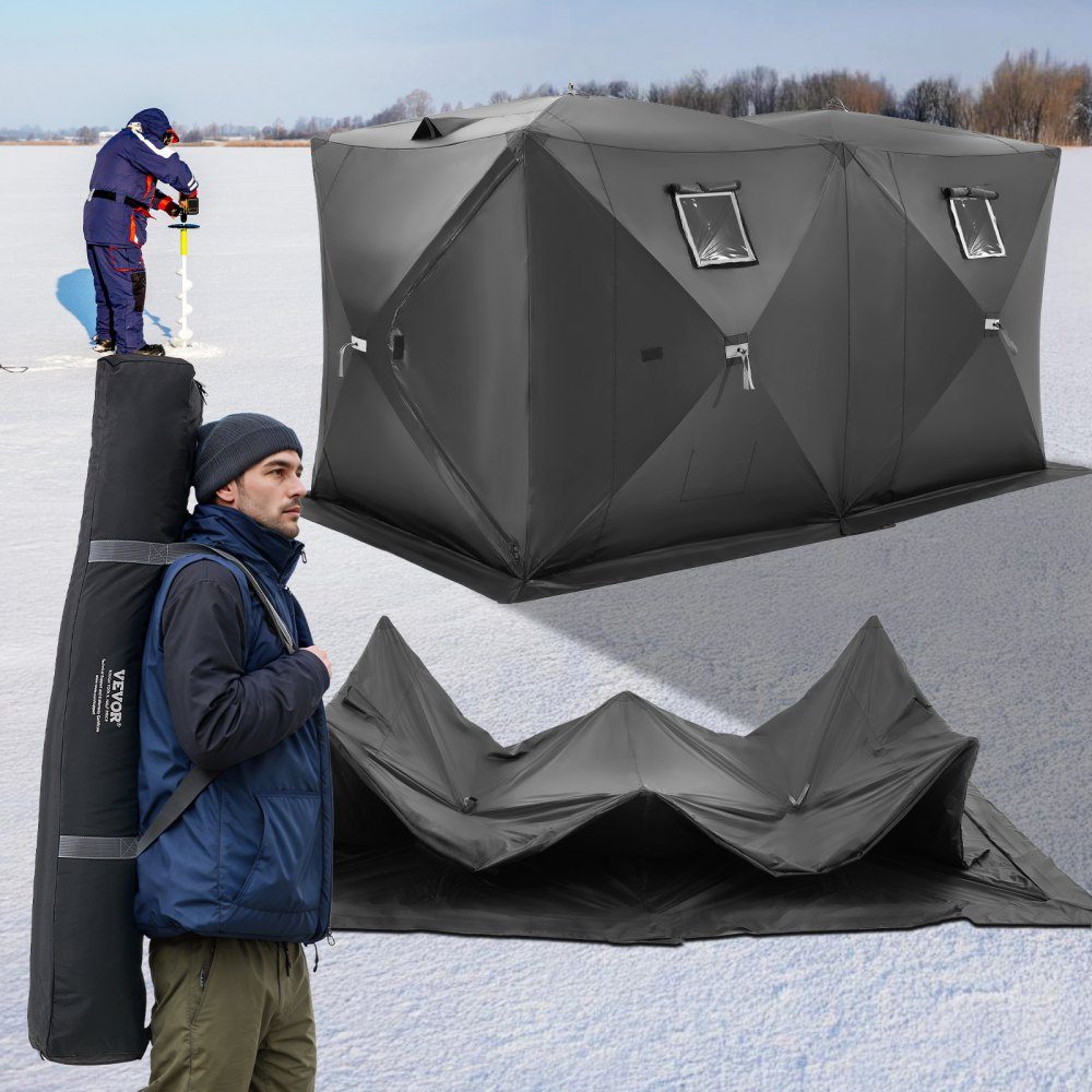 Portable Ice Fishing Tent, Pop Up Ice Fishing Tent for 6-8 People, 300D Oxford Fabric Fishing Tent, Fishing Umbrella, Ice Hut for Winter Fishing, Tent with Anchors/Rope/Carry Bag, 3.6x1.8x2m, Black