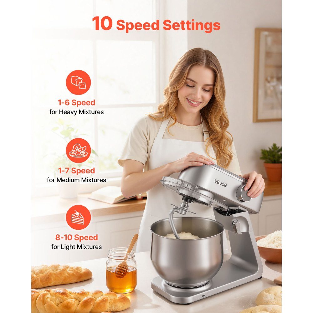 Kneading machine, food processor for baking, 1800 W dough machine with stainless steel bowls (7.4 l) and dough hook, beater and whisk, 10-way adjustable tilt mixer, stand mixer