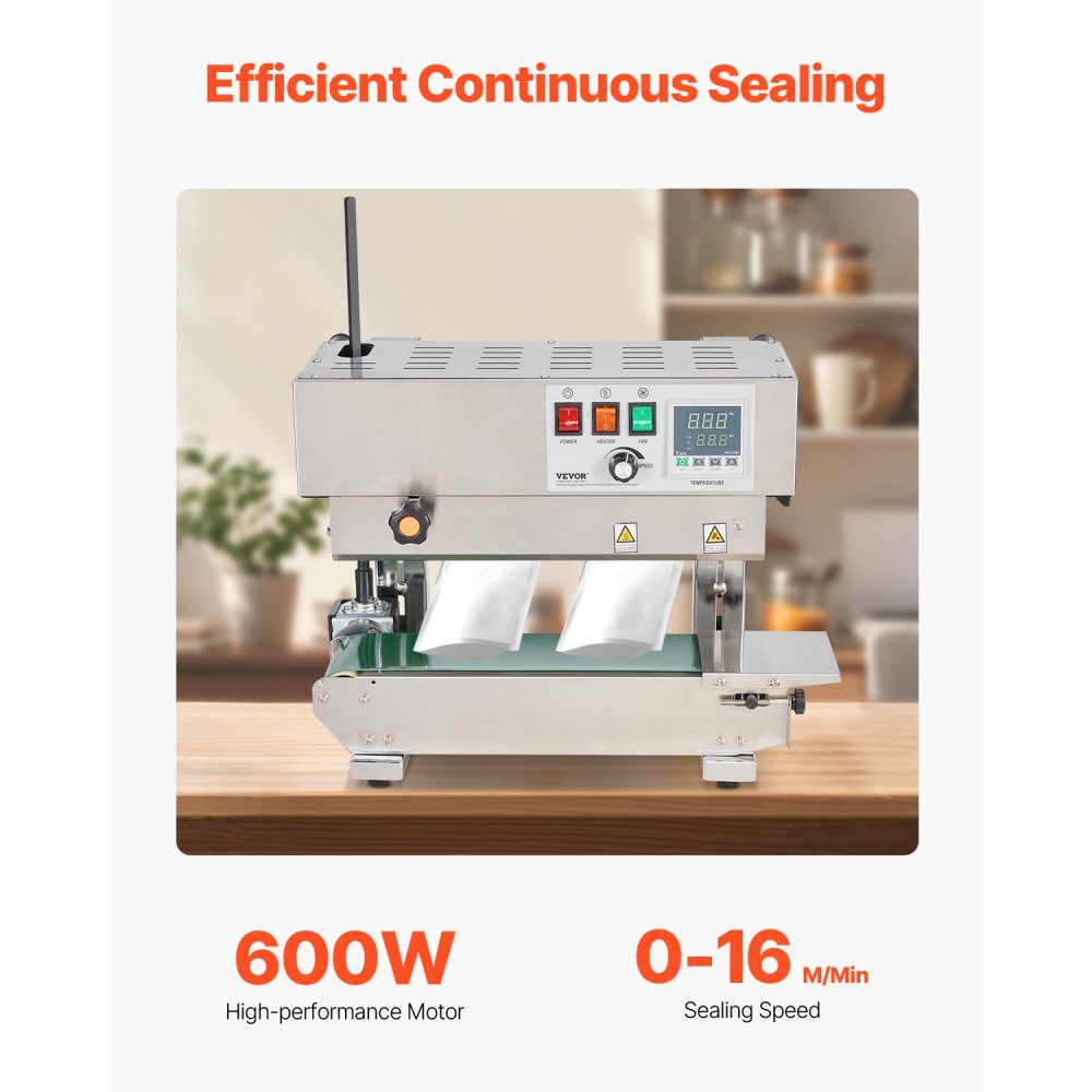 Kontinuierliche Beutelbandschweißmaschine, 0,24–0,47 Zoll/6–12 mm Schweißbreite, vertikale Bandschweißmaschine mit digitaler Temperaturregelung, Beutelschweißgerät aus Edelstahl für 0,02–0,8 mm dicke Kunststoffbeutelfolien