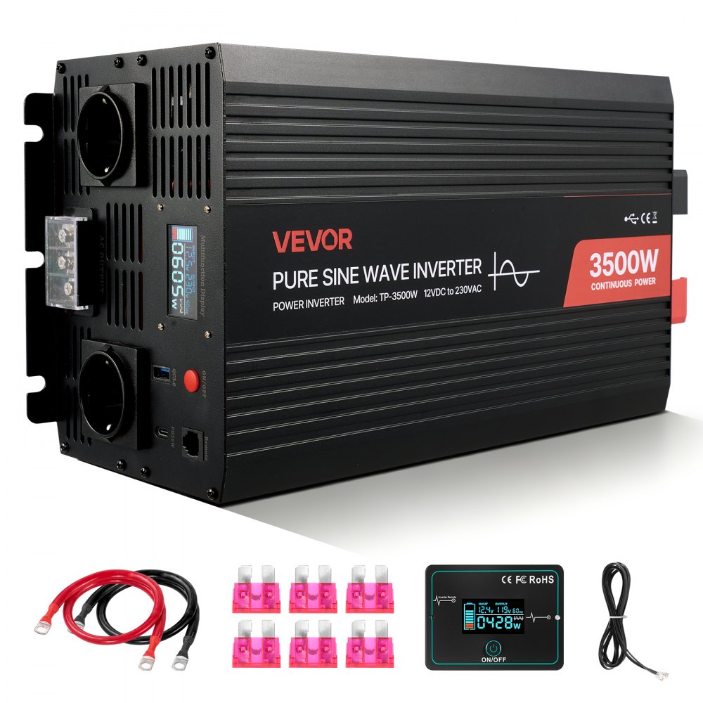 Onduleur de puissance 3500 W 12 V CC à 230 V CA Onduleur à onde sinusoïdale pure Convertisseur de chargeur de voiture solaire avec écran LCD Télécommande Port USB 2 prises CA Port de type C Onduleur de puissance 3500 W 12 V CC à 230 V CA Onduleur à onde sinusoïdale pure Convertisseur de chargeur de voiture solaire avec écran LCD Télécommande Port USB 2 prises CA Port de type C