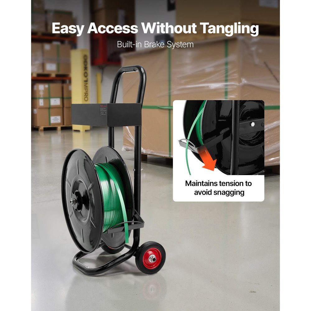 Dispenser, suitable for PET/PP/polyester strapping rolls with 203 mm core size, strapping dispenser with improved braking system, integrated spacious storage space for tools