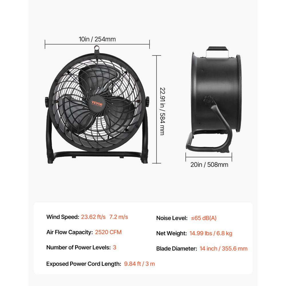 Floor Fan 3 Speed ​​Wind Machine 355.6mm 360° Adjustable Tilt 7.2m/s Airflow Large Metal Fan for Home Gym Office Garage Commercial Space