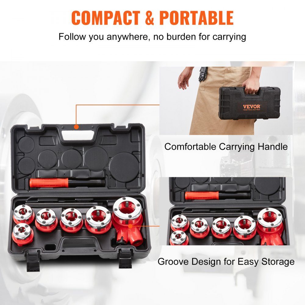 6 Pcs Set Threading Material Pipe Threading Set Standard Tap 1/4" NPT - 1-1/4" NPT in Case 9SICR Cutting Head Ideal for Construction, Plumbing Industry etc