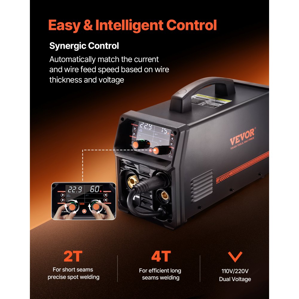 MIG-lasapparaat, 200A synergisch MIG-lasapparaat, 4-in-1 gas MIG/Flux Core MIG/Stick/Lift TIG multiproceslasapparaat met IGBT-invertertechnologie en LCD-scherm