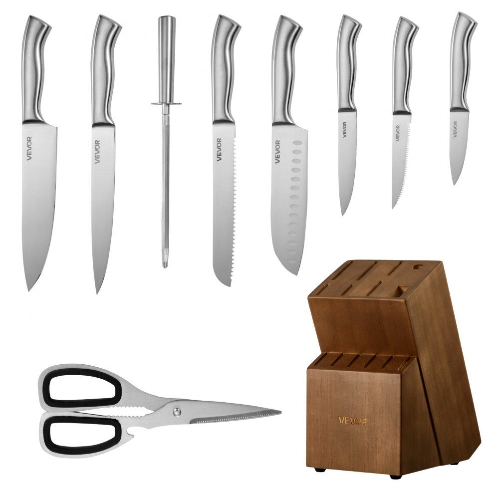 Kitchen knife set with knife block (wood) & sharpening steel, 15 pieces. Knife set of sharp knives made of high carbon stainless steel, kitchen cutlery with ergonomic handle, for home cooks