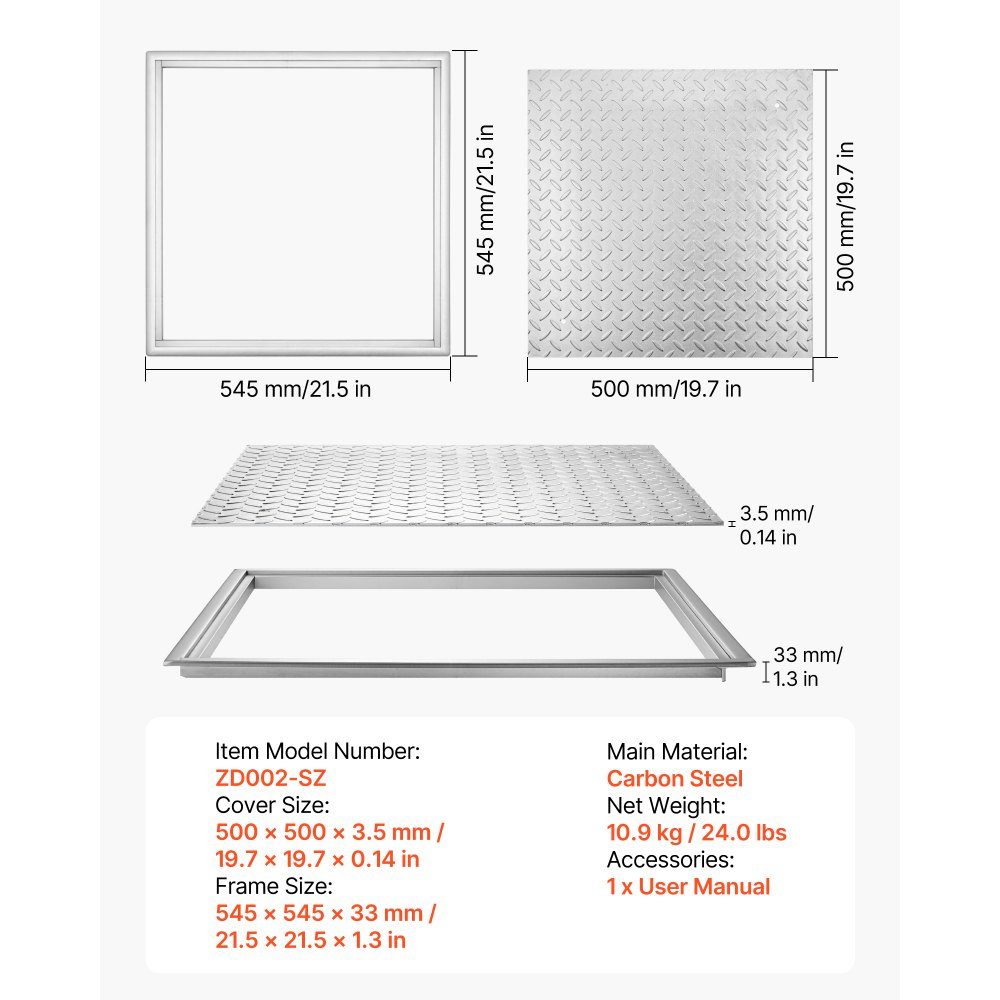 Schachtabdeckung mit Rahmen 50 x 50 cm, quadratische Schachtabdeckung, Klärgrubenabdeckung, robuste, rutschfeste Schachtabdeckung aus Kohlenstoffstahl für Abflüsse, für Gehwege, Gärten, Höfe