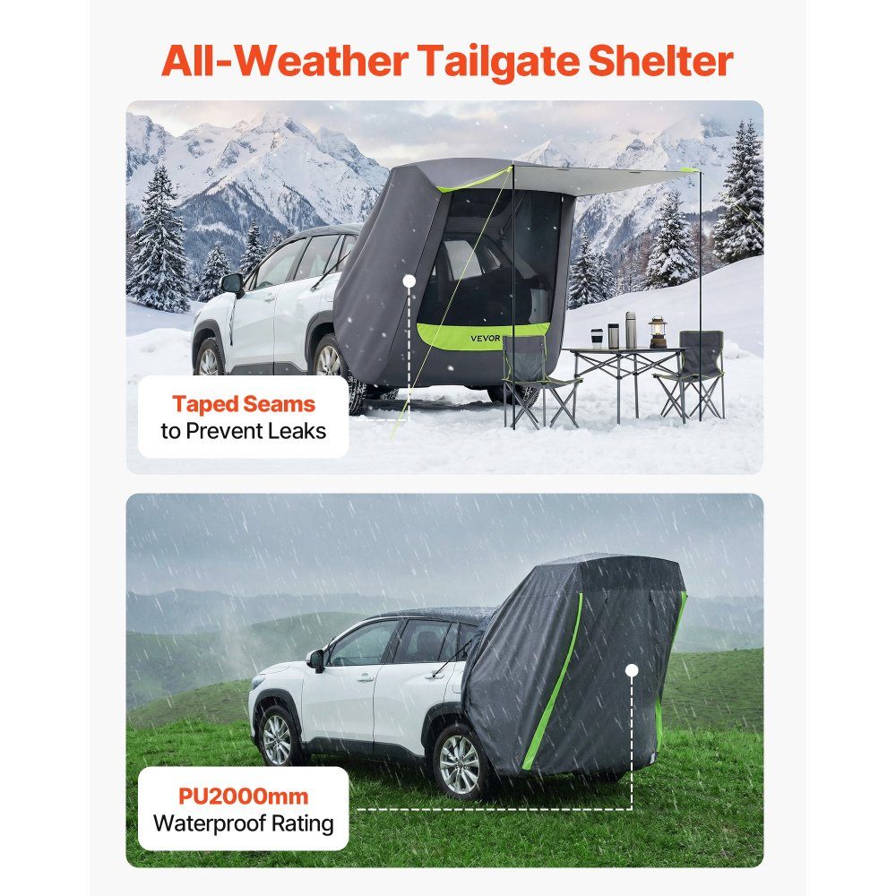 Heckklappenzelt, Autozelt (1,5 x 1,5 m Hauptzelt), wasserdicht (PU2000 mm), Campingzelt mit Markise und Tragetasche, SUV-Heckzelt für Camping, Wandern, Outdoor-Aktivitäten, tragbar