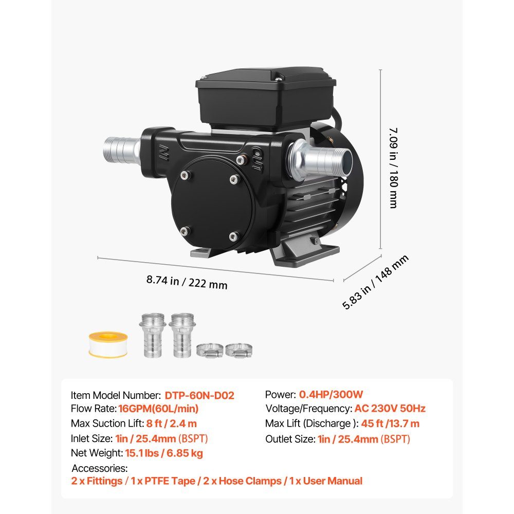 Pompe de transfert de carburant, 230 V AC, pompe de transfert de diesel électrique, 60 L/min, hauteur d'aspiration maximale 2,4 m, hauteur de refoulement maximale 13,7 m, pour kérosène, biodiesel, machines agricoles