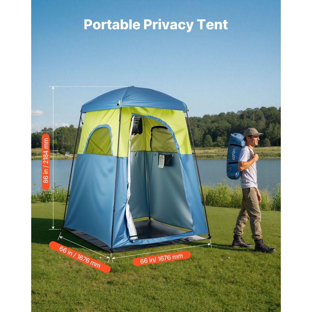 Shower tent with 1 room & shower bag, toilet tent (1676x1676x2184 mm) changing tent including pegs and ropes as well as carrying bag and support poles made of 150D Oxford fabric for camping beach fishing in green