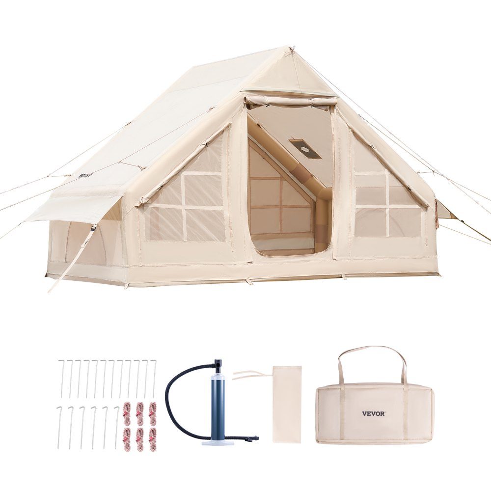 Inflatable Camping Tents 3x2x2m 3-5 Person 300D Oxford 4 Season Glamping Tent with Hand Pump, Stove Connection, 2 Doors and 2 Mesh Windows, Includes Storage Bag for Transport